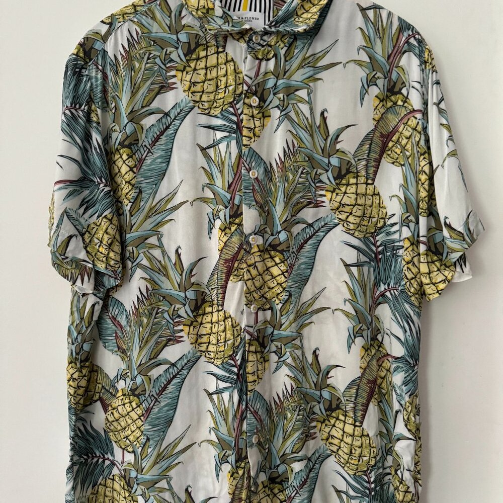 Denim & Flower Ricky Singh Aloha Print Pineapple Button Down Short Sleeve Shirt